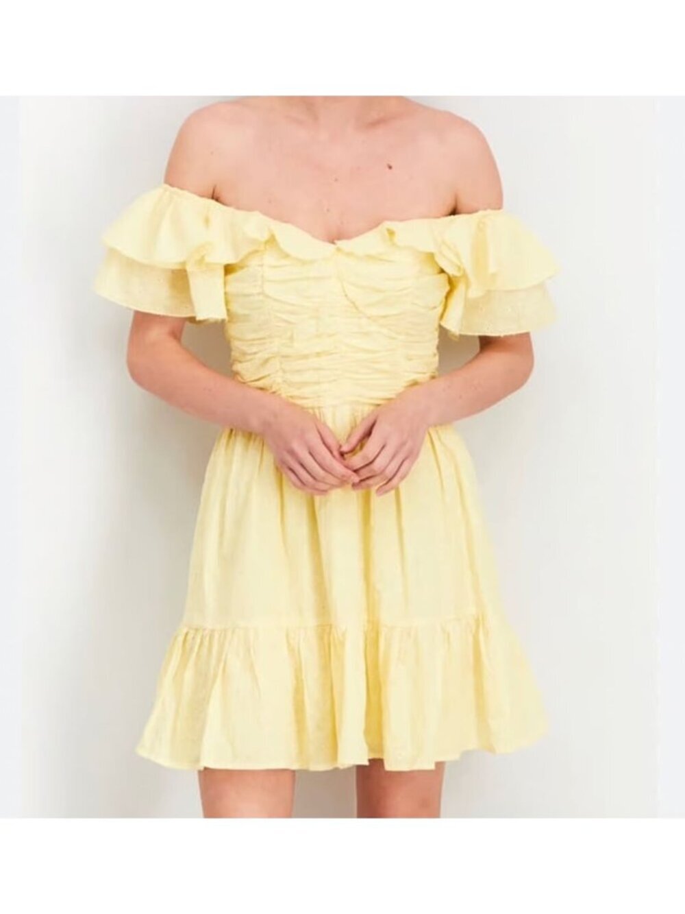 Aqua Mini Eyelet Dress Flutter Sleeve Ruffle Yellow White Size M Coquette Preppy